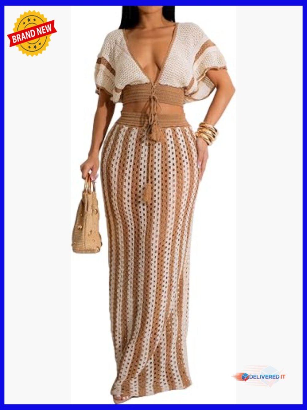 Crochet Crop Top and Maxi Skirt Set 2 Piece Vacation Outfit Women